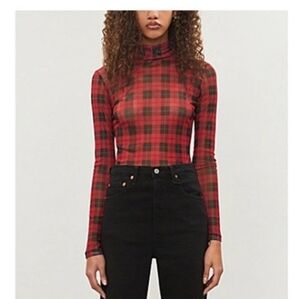 Maje Thomas Tartan-pattern Turtleneck Mesh Top In Red Size S (1)